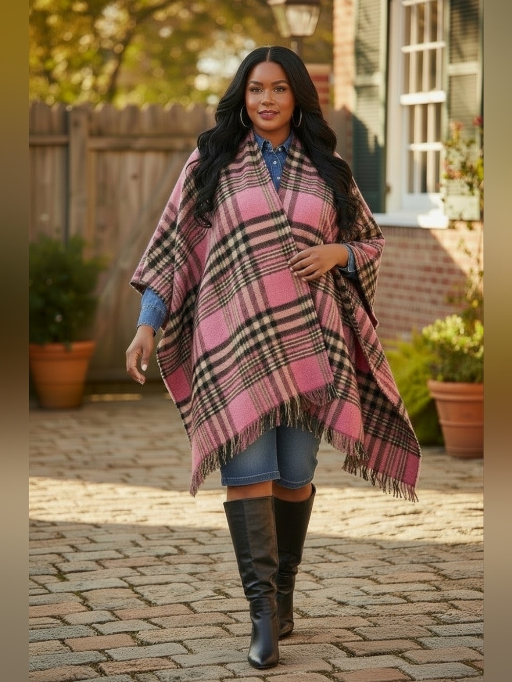 Juicy Couture reversible Y2k Pink And Black Plaid Blanket Poncho